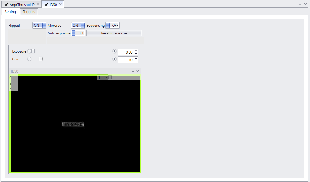 IDS axon settings- and viewpanel with 1 sequence